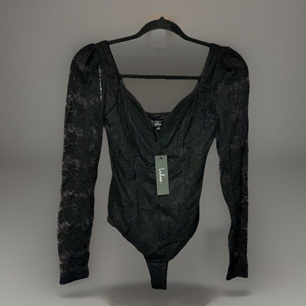 Lulus Black Lace Bodysuit Size XS Long Sleeve Plunging Neckline Intimate NWT